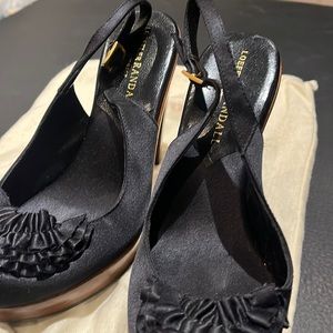 Loeffler Randall Made in Italy Slingback Black Satin and Wooden Heels